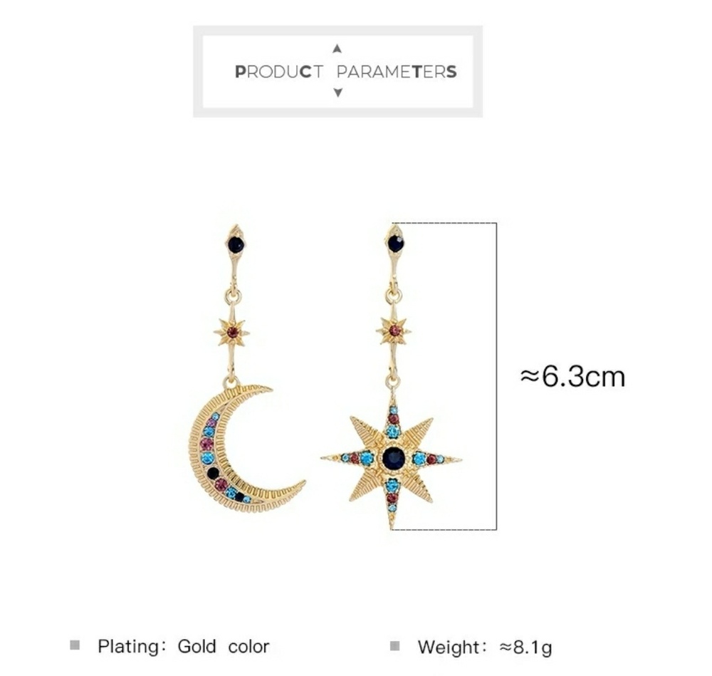 Star & Moon Crystal Vintage Dangle/Drop Earrings - Picture 4 of 7